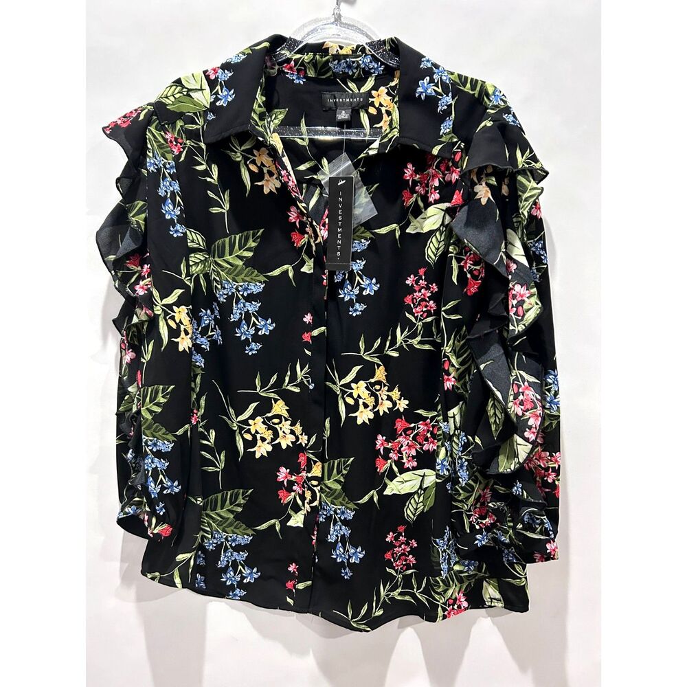 NWT Sz S Investments black floral 3/4 Sleeve button up collared shirt Office